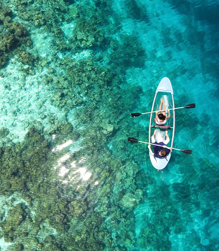 Man and woman in transparent canoe looking at the coral reef